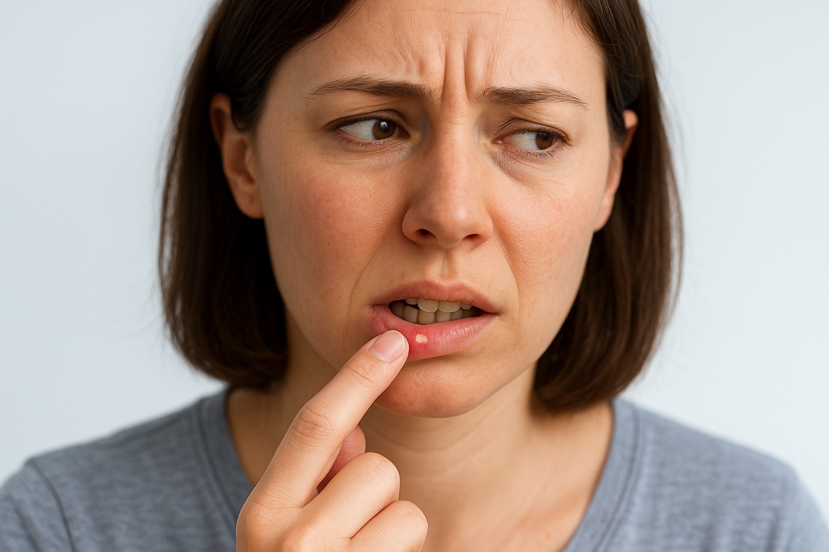 אפטה בפה - נגע עגול עם כיסוי צהבהב והילה אדומה